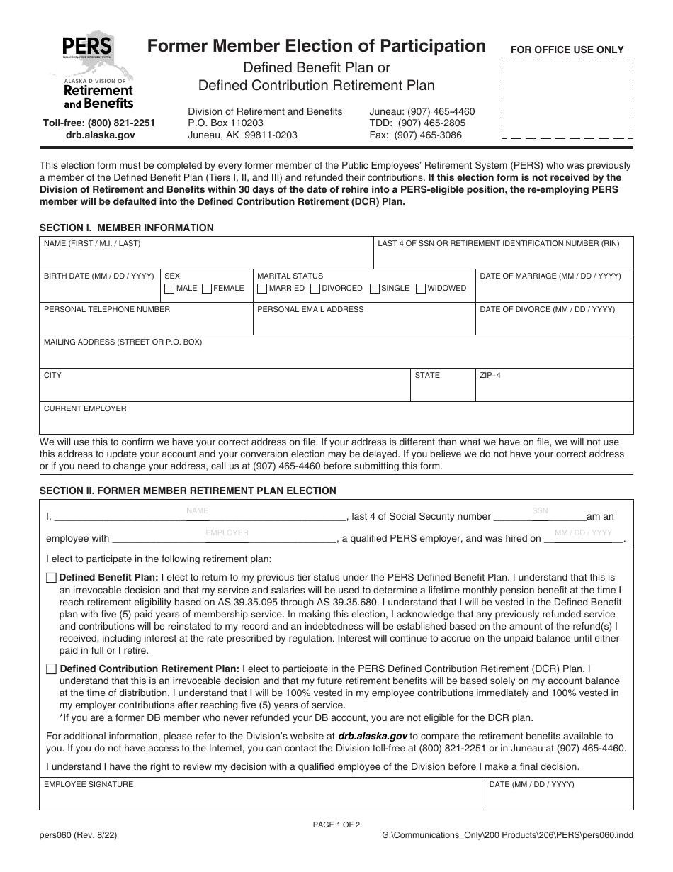 Form PERS060 Fill Out, Sign Online and Download Fillable PDF, Alaska