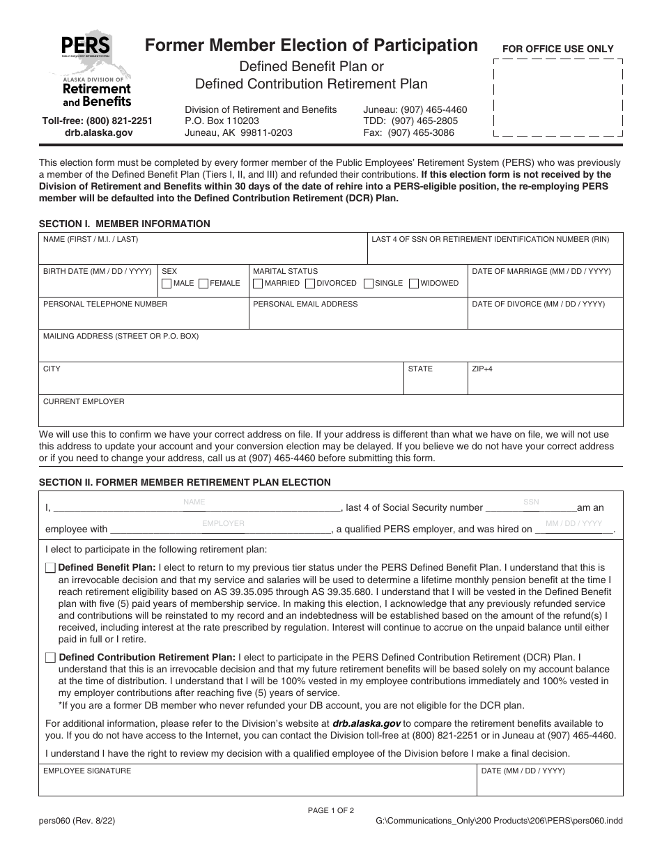 Form PERS060 Former Member Election of Participation - Defined Benefit Plan or Defined Contribution Retirement Plan - Alaska, Page 1