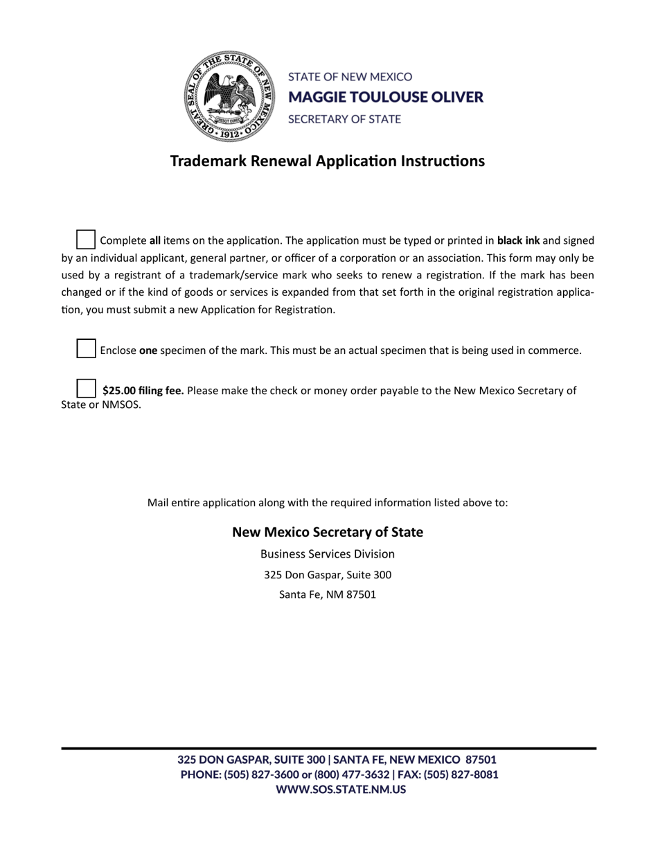 Application for Renewal of Trademark / Service Mark - New Mexico, Page 1