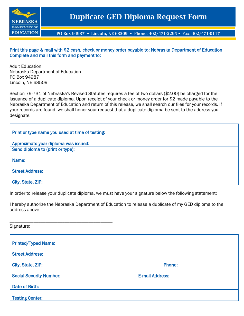 Nebraska Duplicate Ged Diploma Request Form Fill Out, Sign Online and