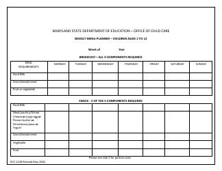Form OCC1218 Weekly Menu Planner - Children Aged 1 to 12 - Maryland