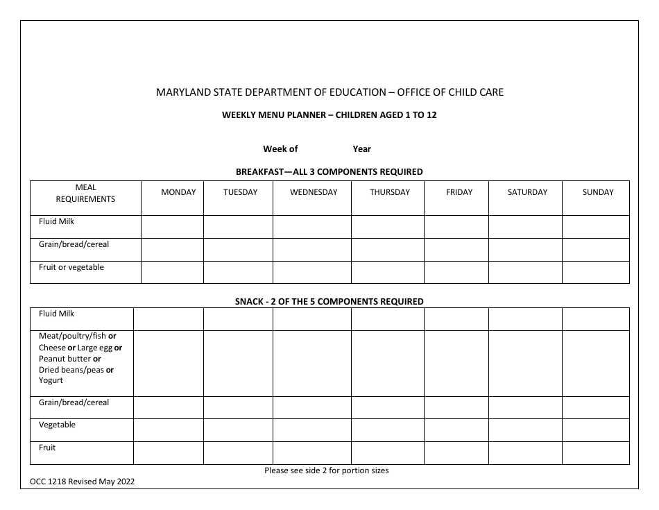 Form OCC1218 Weekly Menu Planner - Children Aged 1 to 12 - Maryland, Page 1