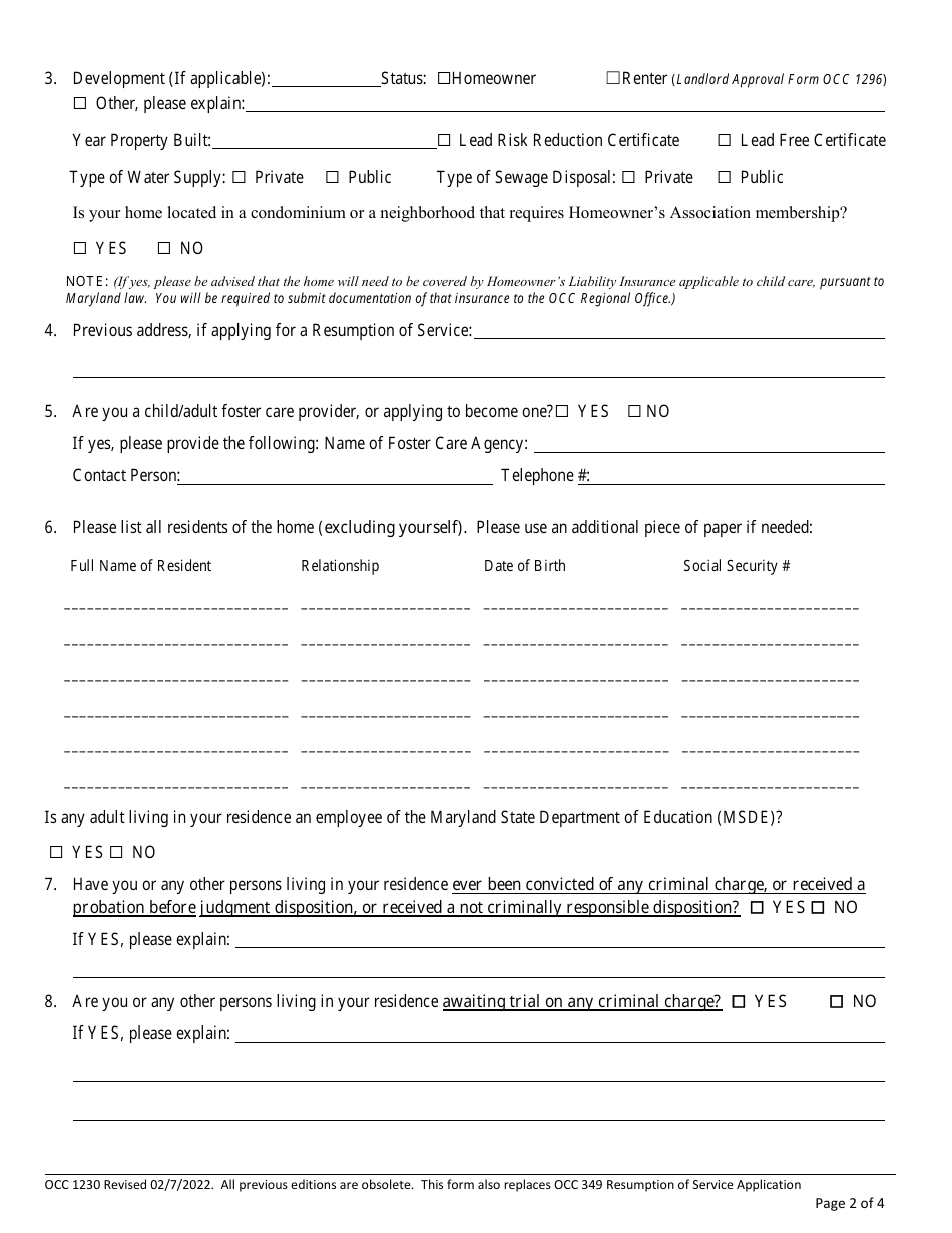 Form OCC1230 Application for Family Child Care Registration - Maryland, Page 2