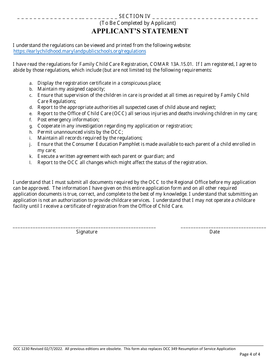 Form OCC1230 Application for Family Child Care Registration - Maryland, Page 4