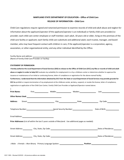 Form OCC1260  Printable Pdf