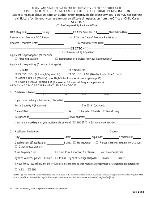 Form OCC1240 Application for Large Family Child Care Home Registration - Maryland