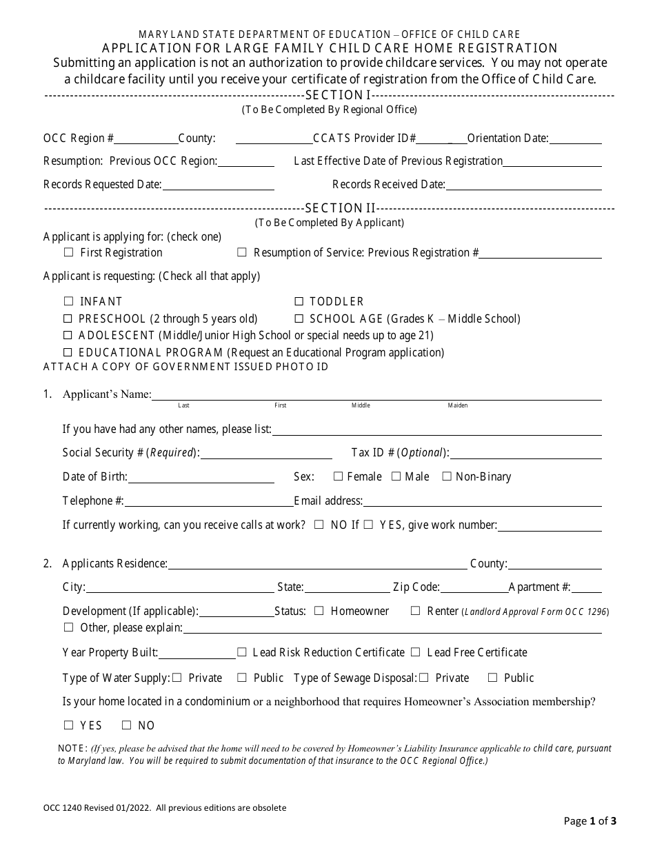 Form OCC1240 Download Fillable PDF or Fill Online Application for Large Family Child Care Home