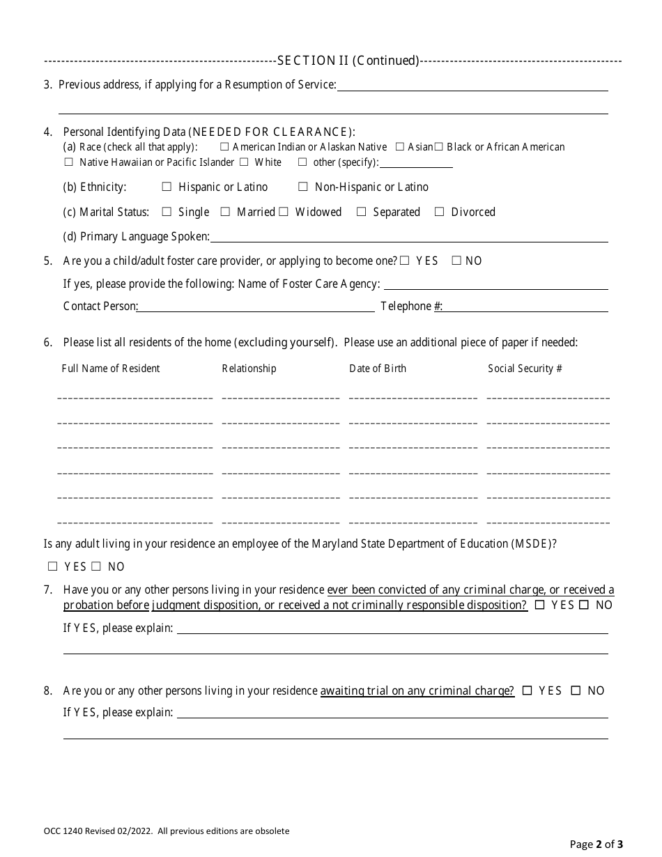 Form OCC1240 Application for Large Family Child Care Home Registration - Maryland, Page 2