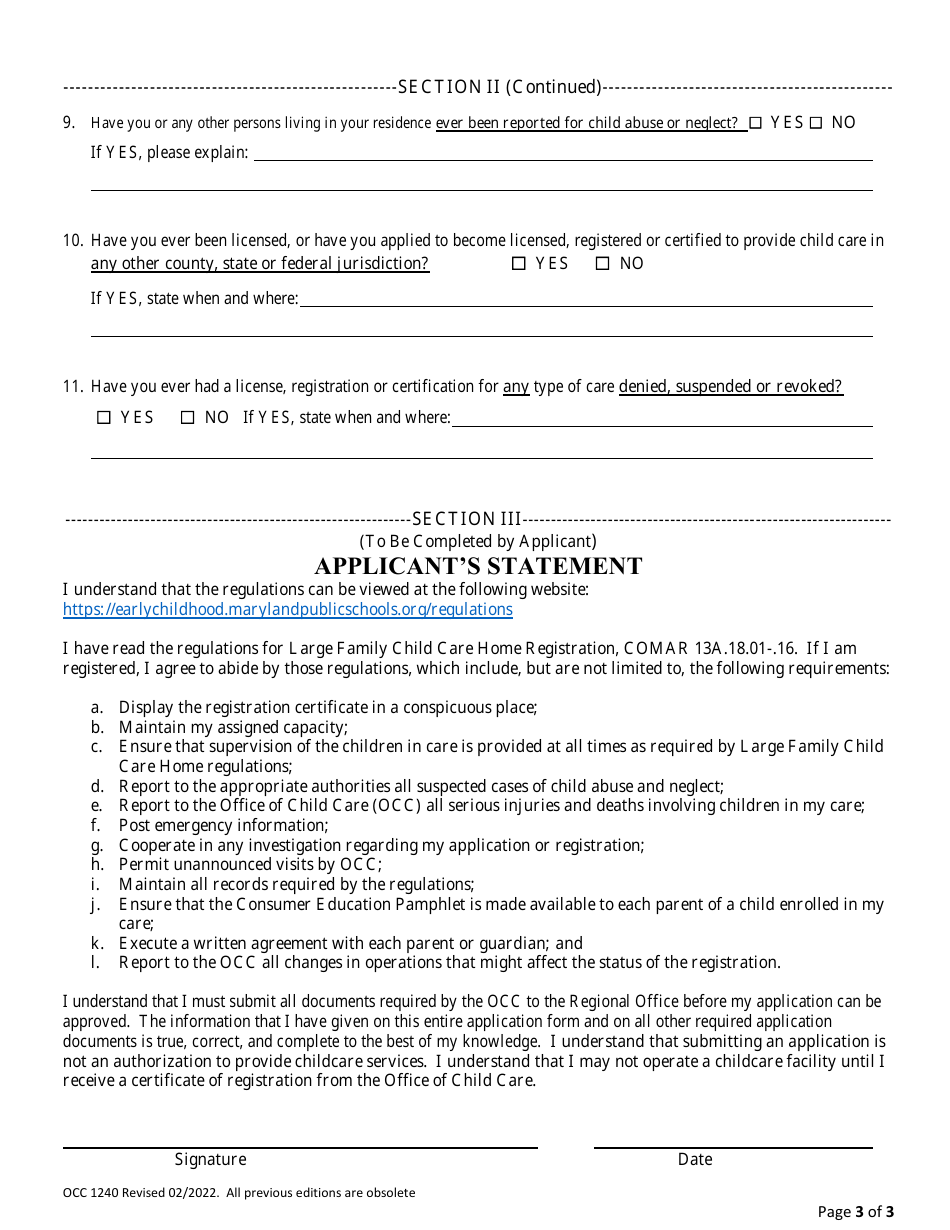 Form OCC1240 Application for Large Family Child Care Home Registration - Maryland, Page 3