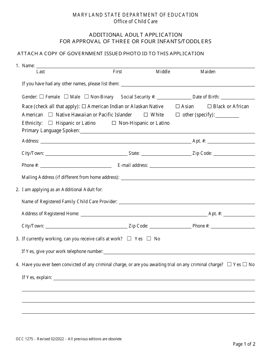 Form OCC1275 Additional Adult Application for Approval of Three or Four Infants / Toddlers - Maryland, Page 1