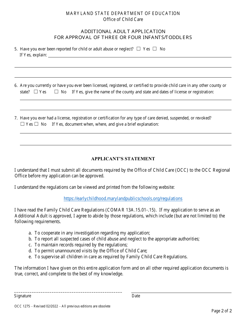 Form OCC1275 Additional Adult Application for Approval of Three or Four Infants / Toddlers - Maryland, Page 2