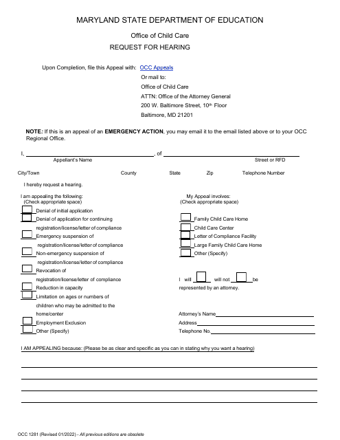 Form OCC1281 Request for Hearing - Maryland