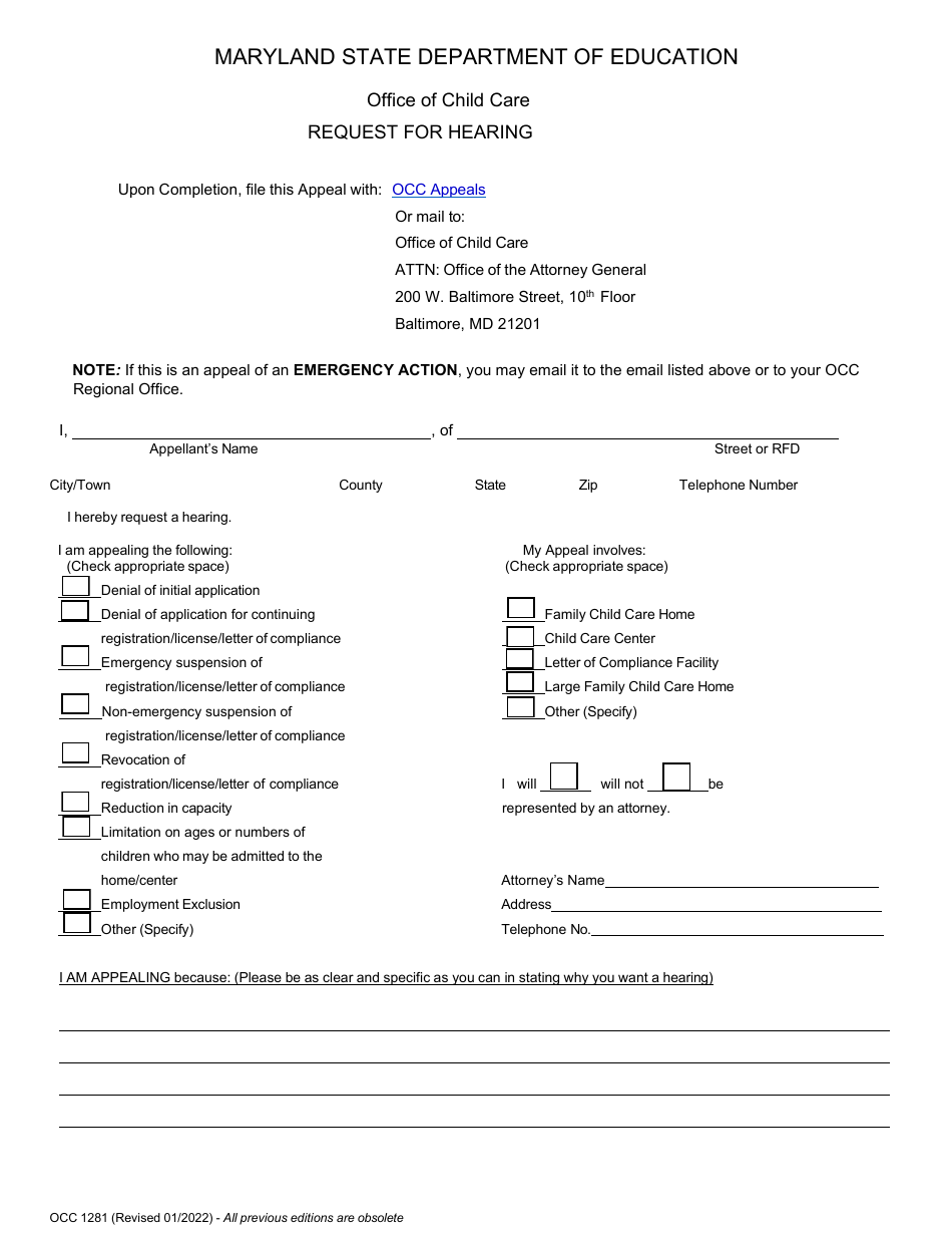 Form OCC1281 Request for Hearing - Maryland, Page 1