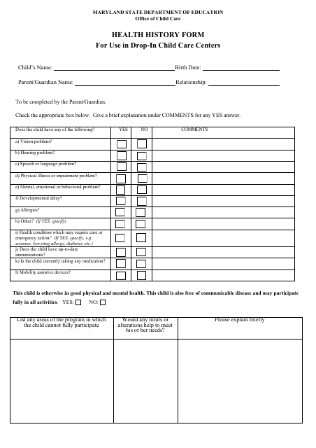 Form OCC1285 Health History Form for Use in Drop-In Child Care Centers - Maryland
