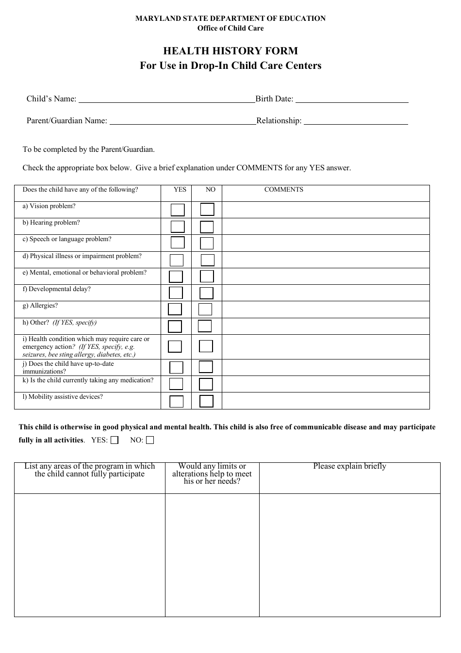 Form OCC1285 Health History Form for Use in Drop-In Child Care Centers - Maryland, Page 1