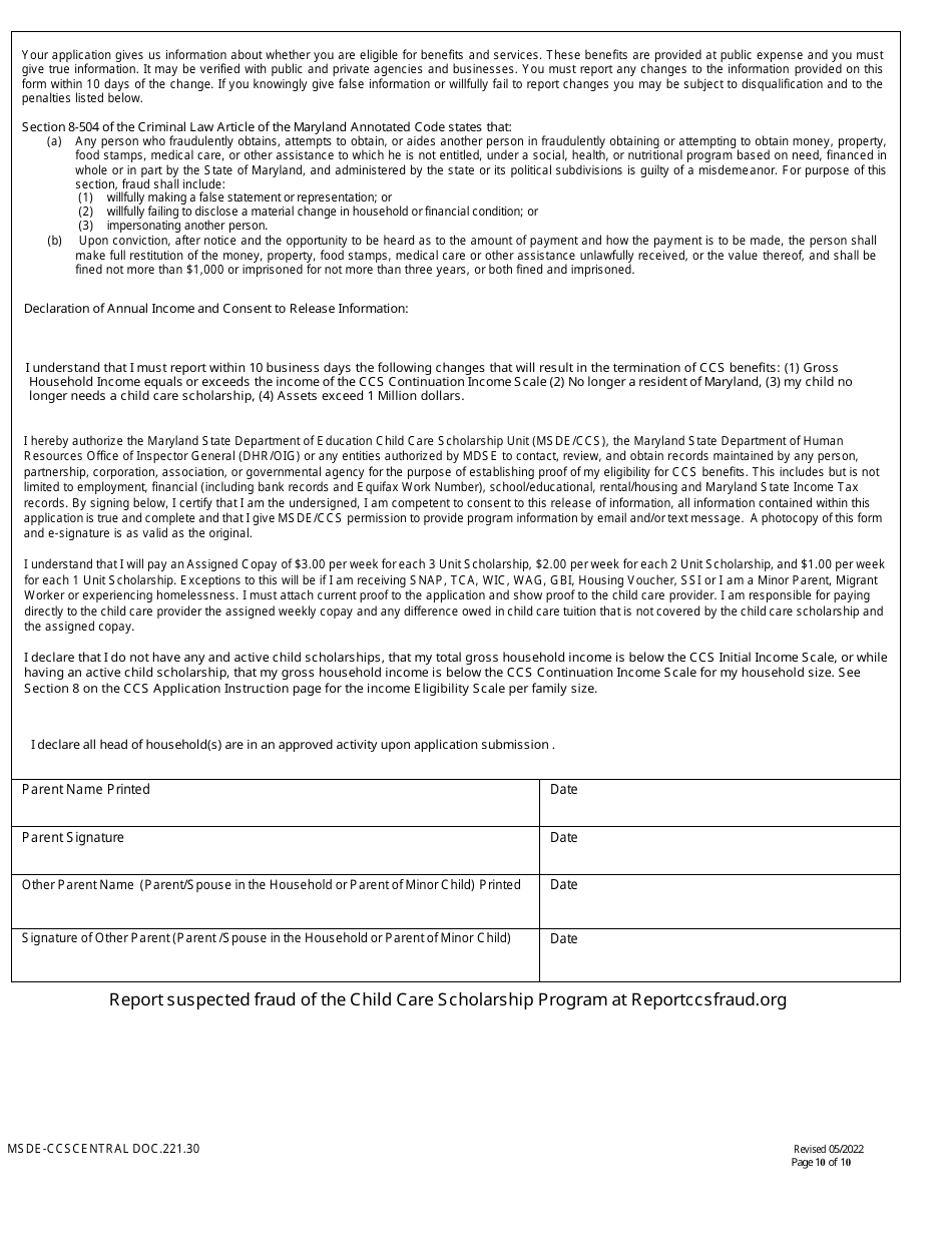 Form DOC.221.30 New  Redetermination Application - Child Care Scholarship Program - Maryland, Page 10