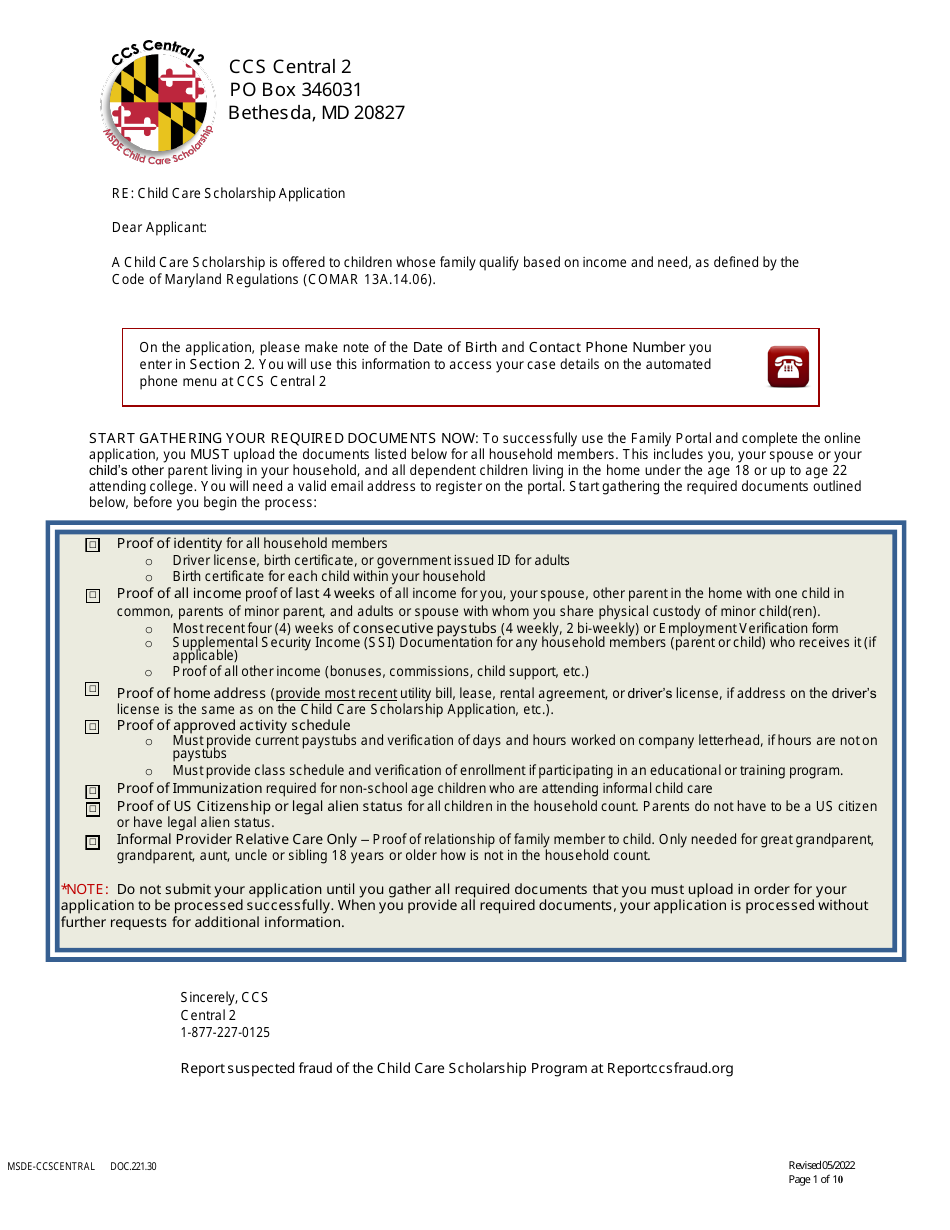 Form DOC.221.30 New  Redetermination Application - Child Care Scholarship Program - Maryland, Page 1