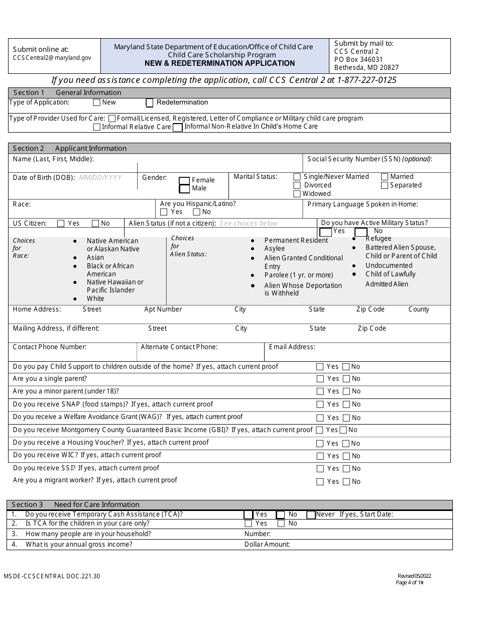 Form DOC.221.30 New  Redetermination Application - Child Care Scholarship Program - Maryland, Page 4