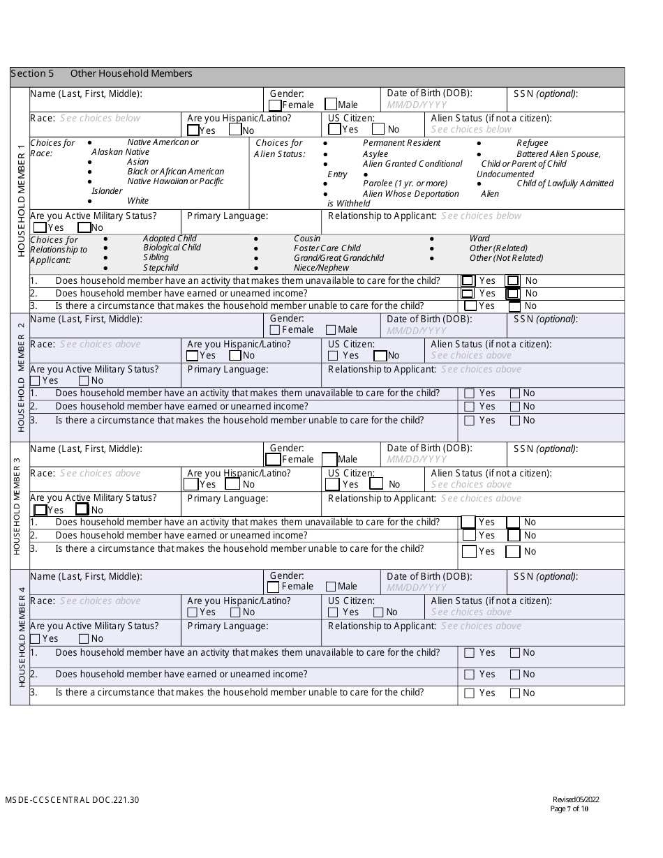 Form DOC.221.30 New  Redetermination Application - Child Care Scholarship Program - Maryland, Page 7