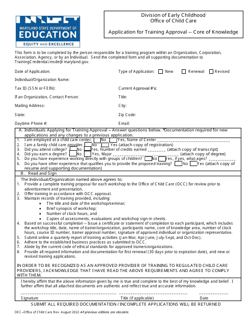 Application for Training Approval - Core of Knowledge - Maryland