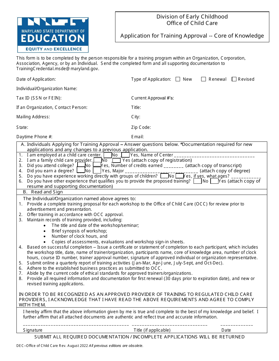 Application for Training Approval - Core of Knowledge - Maryland, Page 1