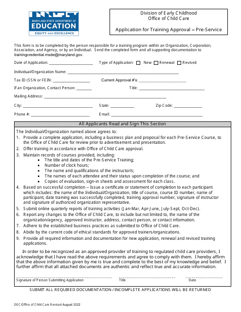 Application for Training Approval - Pre-service - Maryland Download Pdf