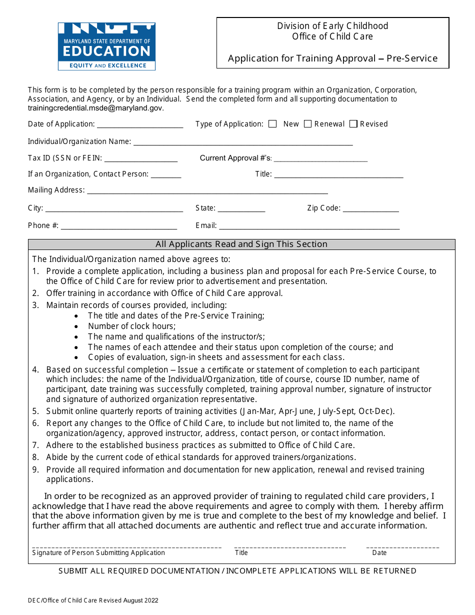 Application for Training Approval - Pre-service - Maryland, Page 1