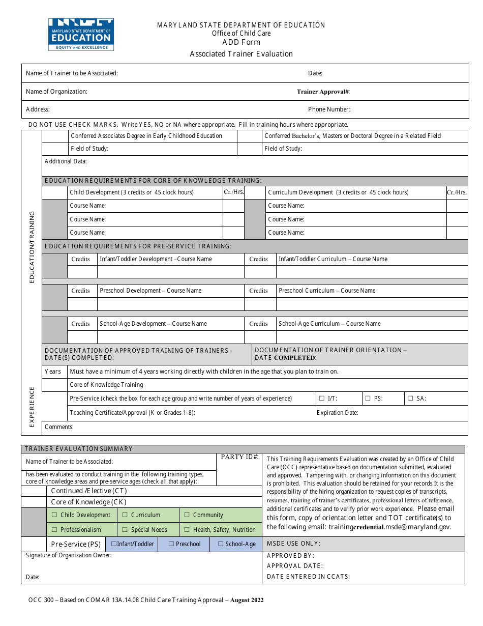 Form OCC300 Associated Trainer Evaluation Add Form - Maryland, Page 1
