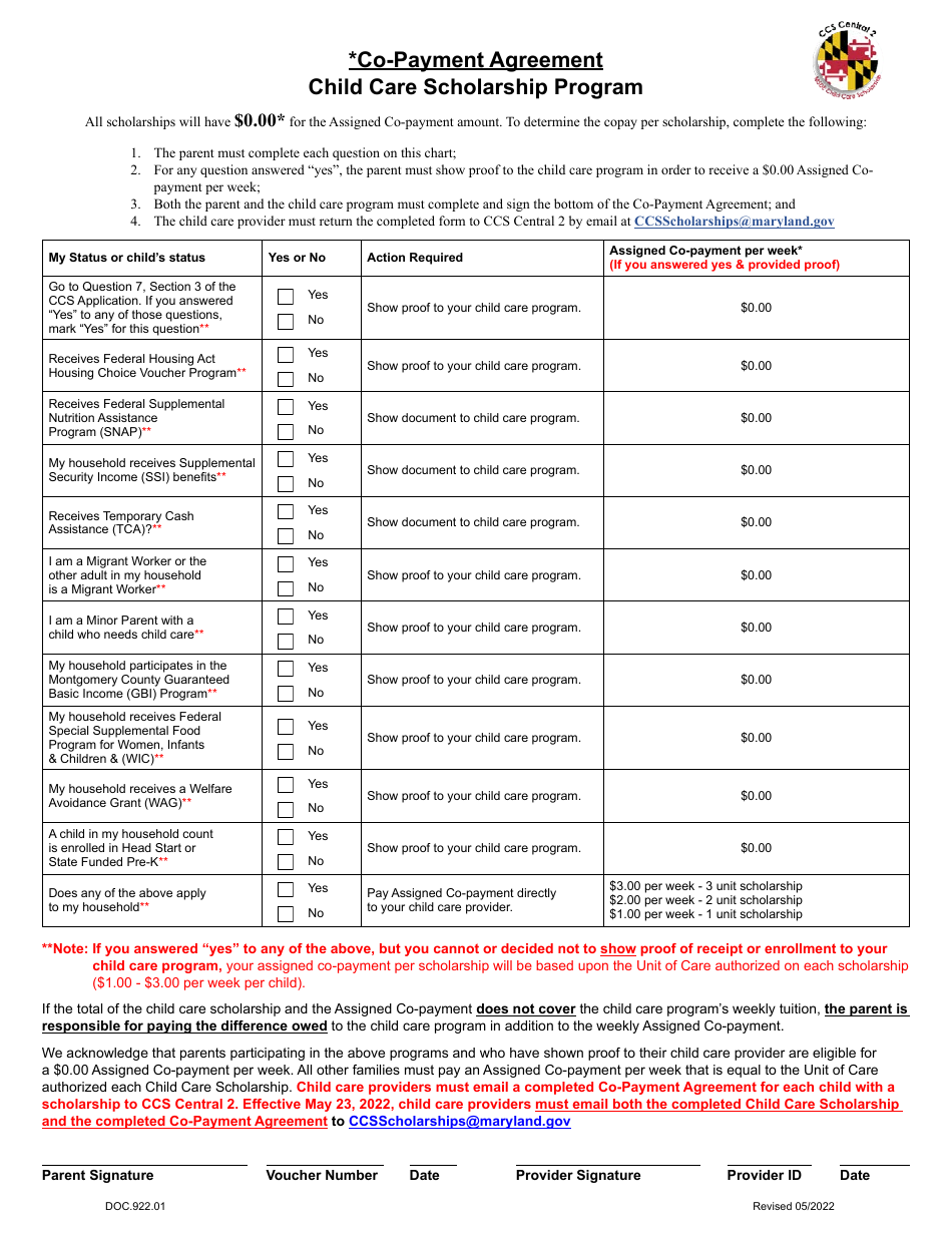 Form DOC.922.01 Co-payment Agreement - Child Care Scholarship Program - Maryland, Page 1