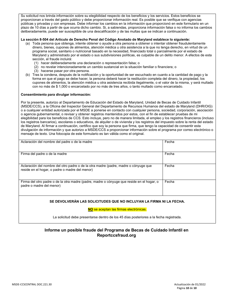 Formulario DOC.221.30 Solicitud De Beca De Cuidado Infantil - Programa De Becas De Cuidado Infantil - Maryland (Spanish), Page 10
