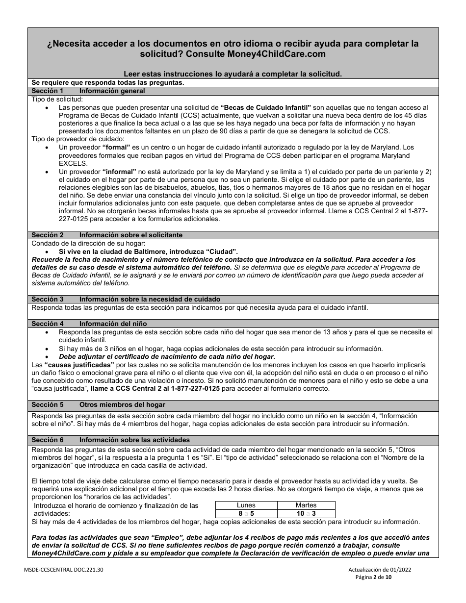 Formulario DOC.221.30 Solicitud De Beca De Cuidado Infantil - Programa De Becas De Cuidado Infantil - Maryland (Spanish), Page 2