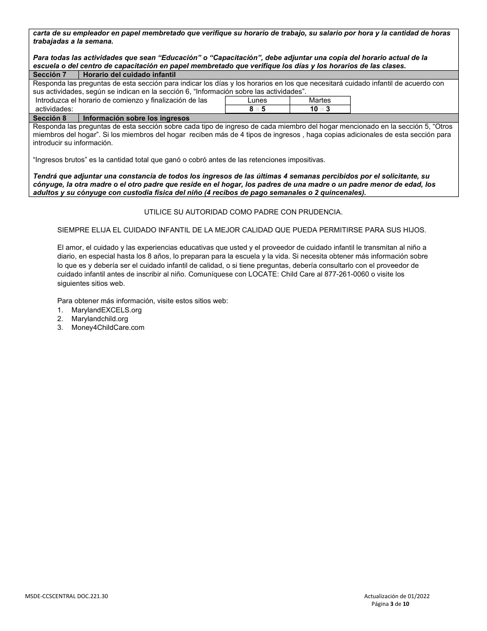 Formulario DOC.221.30 Solicitud De Beca De Cuidado Infantil - Programa De Becas De Cuidado Infantil - Maryland (Spanish), Page 3