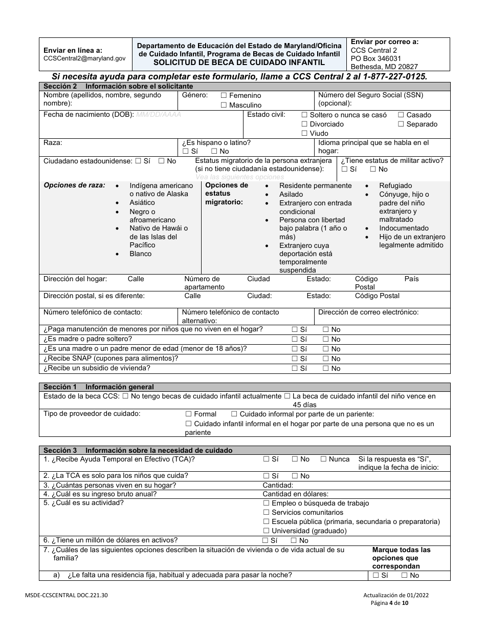 Formulario DOC.221.30 Solicitud De Beca De Cuidado Infantil - Programa De Becas De Cuidado Infantil - Maryland (Spanish), Page 4
