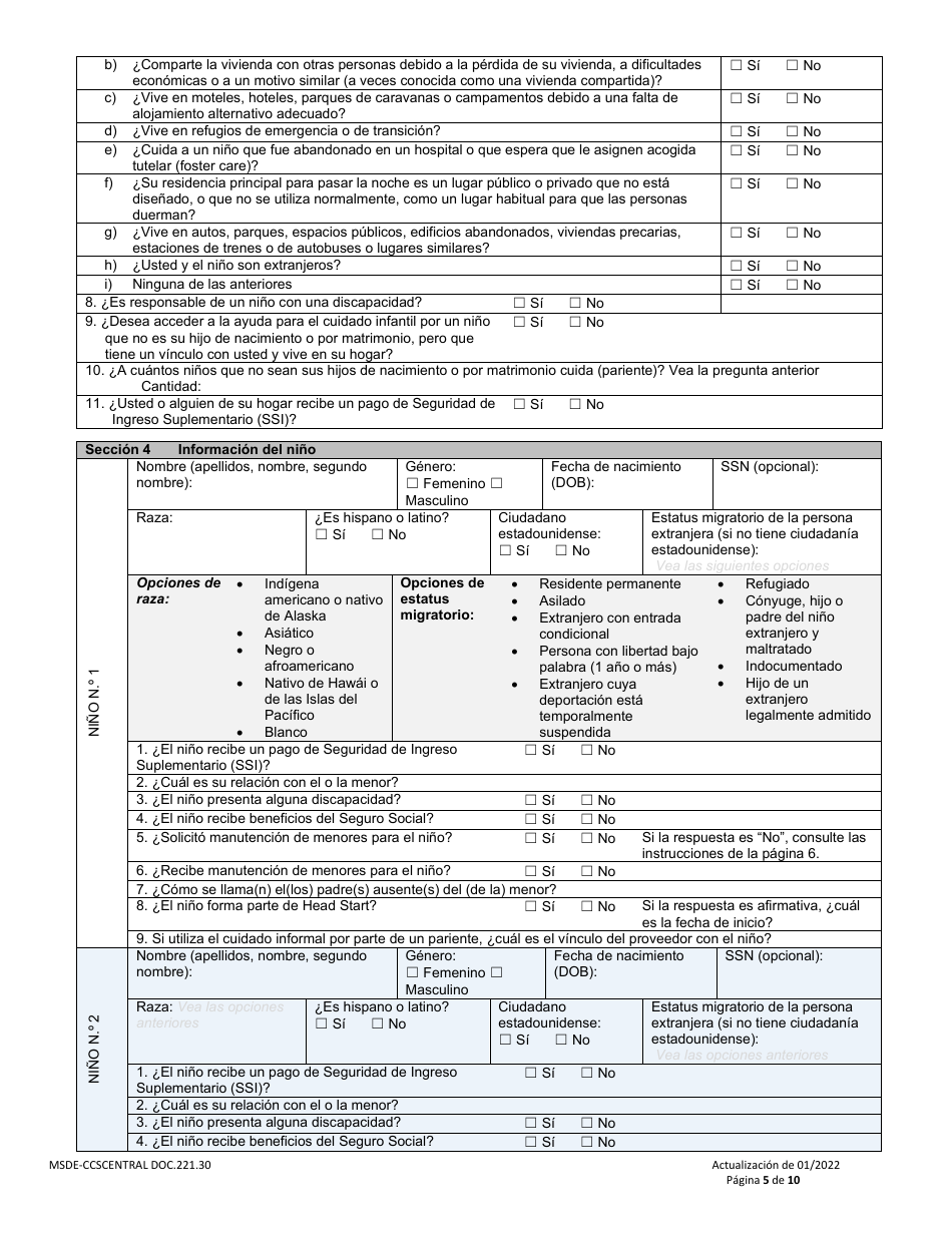 Formulario DOC.221.30 Solicitud De Beca De Cuidado Infantil - Programa De Becas De Cuidado Infantil - Maryland (Spanish), Page 5