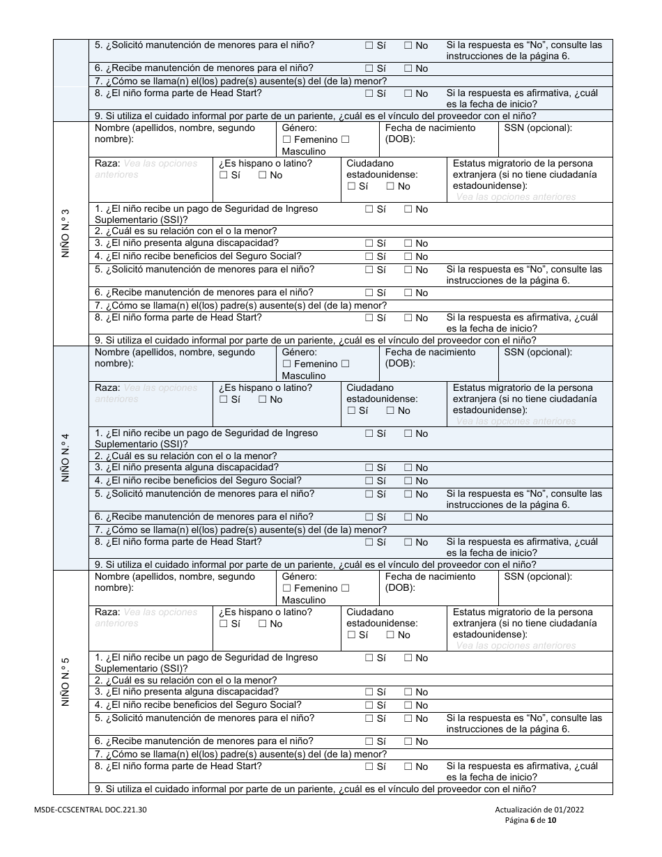 Formulario DOC.221.30 Solicitud De Beca De Cuidado Infantil - Programa De Becas De Cuidado Infantil - Maryland (Spanish), Page 6