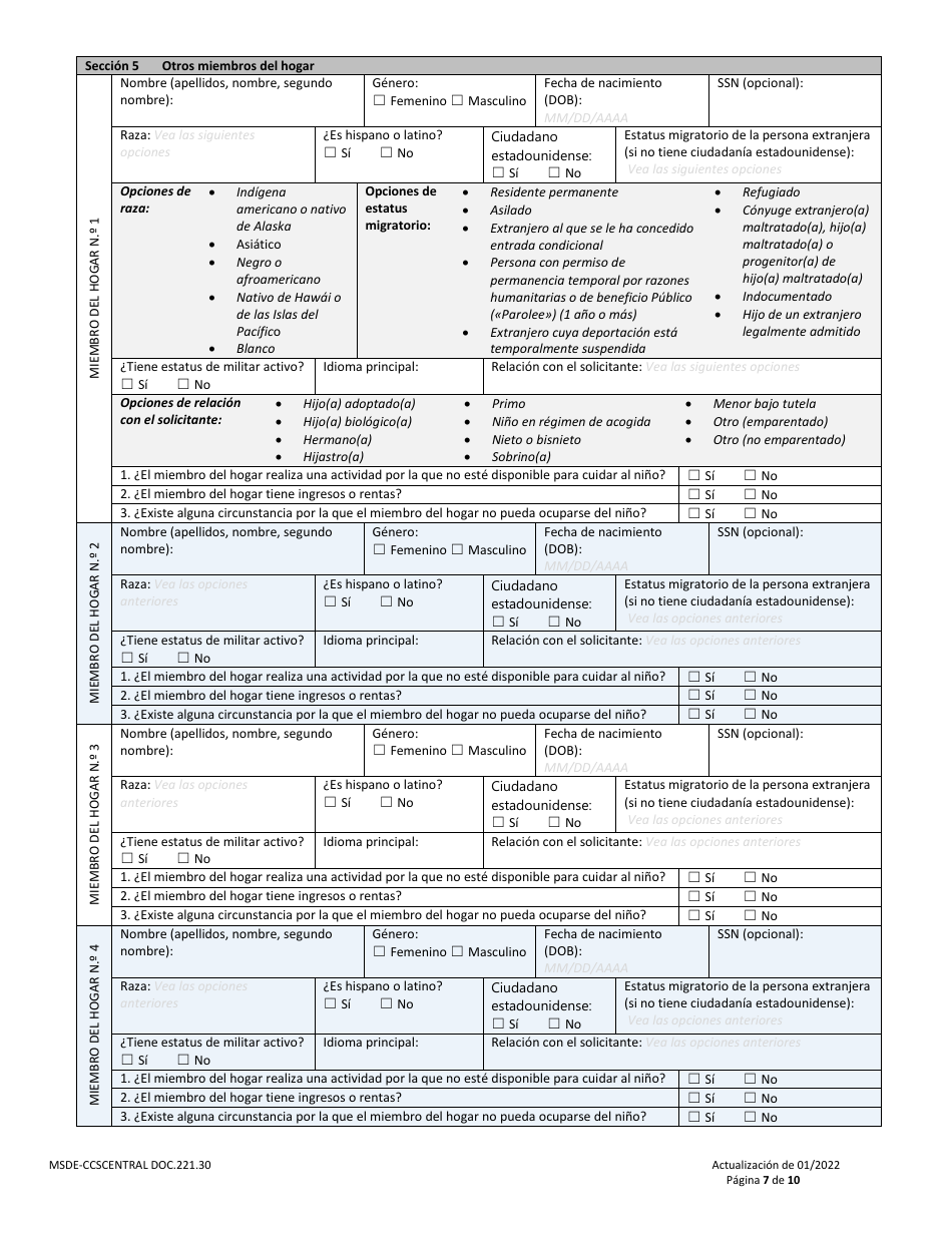 Formulario DOC.221.30 Solicitud De Beca De Cuidado Infantil - Programa De Becas De Cuidado Infantil - Maryland (Spanish), Page 7
