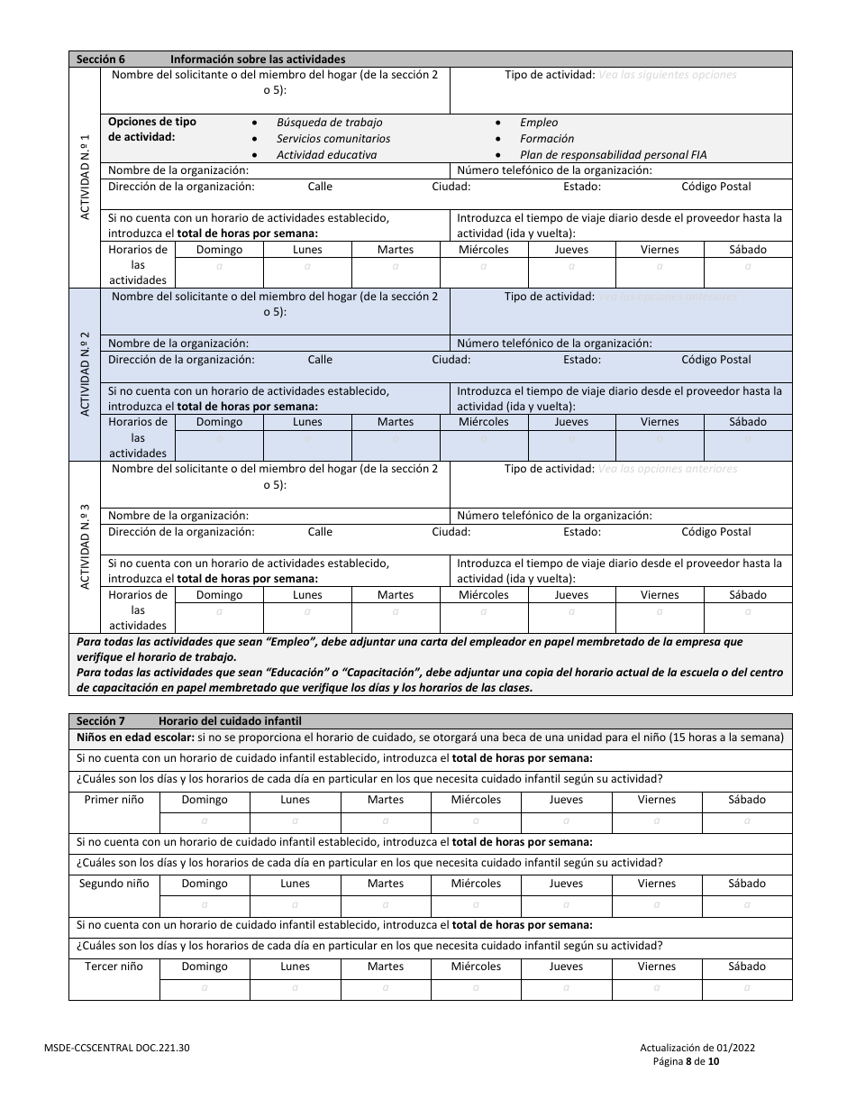 Formulario DOC.221.30 Solicitud De Beca De Cuidado Infantil - Programa De Becas De Cuidado Infantil - Maryland (Spanish), Page 8