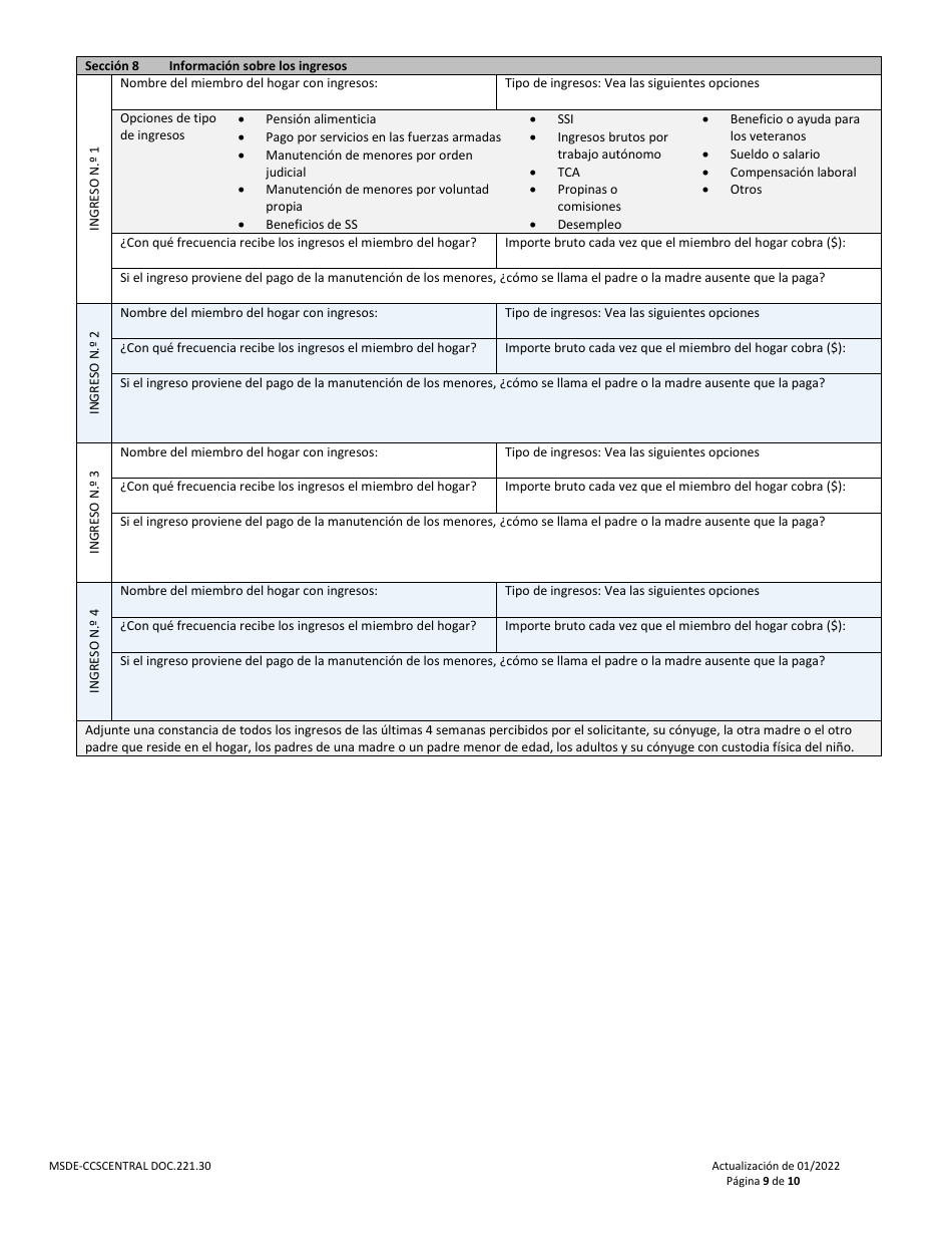 Formulario DOC.221.30 Solicitud De Beca De Cuidado Infantil - Programa De Becas De Cuidado Infantil - Maryland (Spanish), Page 9