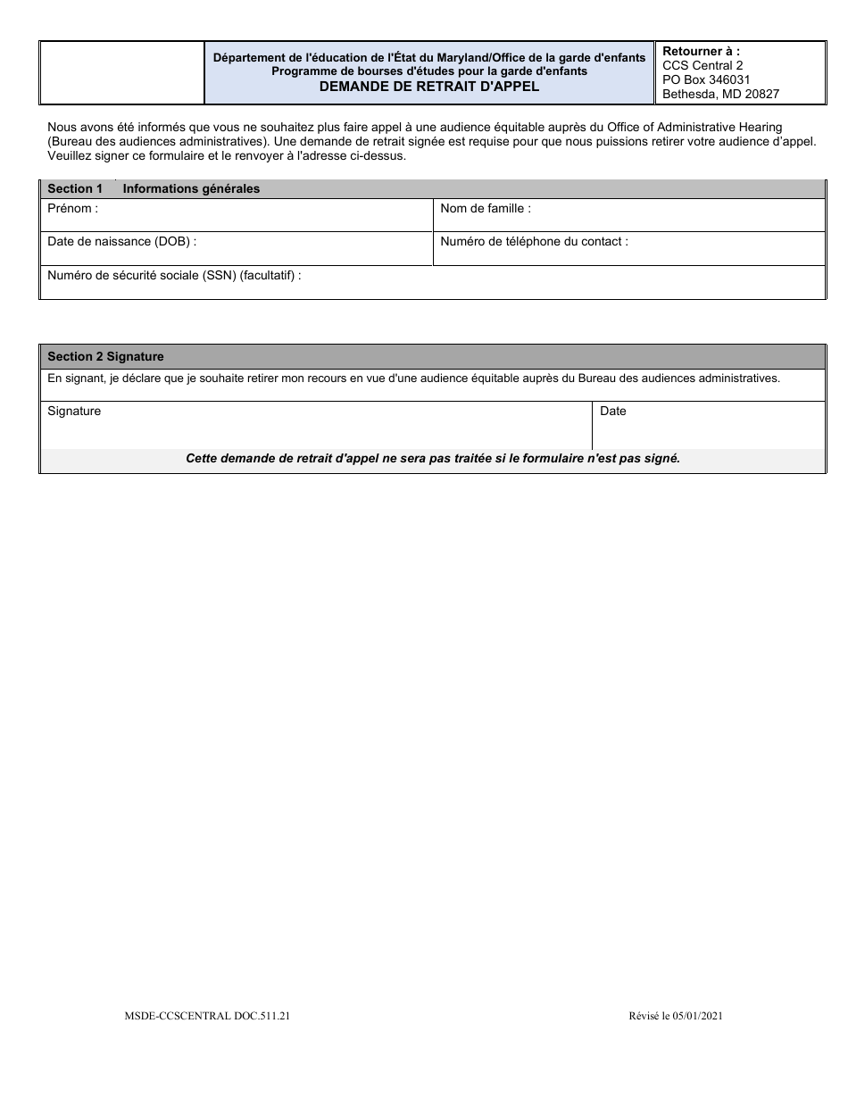 Form DOC.511.21 Appeal Withdrawal Request - Maryland (French), Page 1