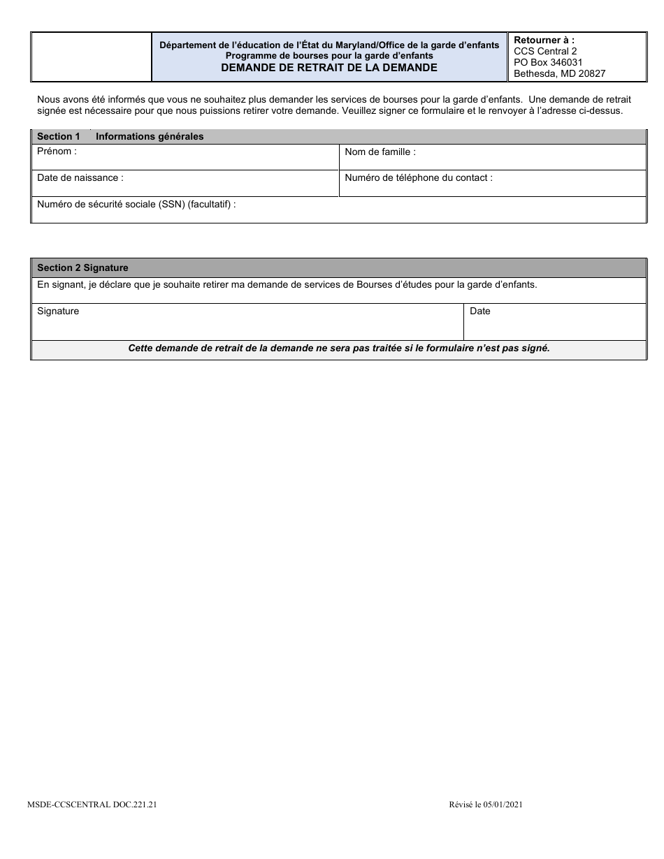 Form DOC.221.21 Application Withdrawal Request - Maryland (French), Page 1