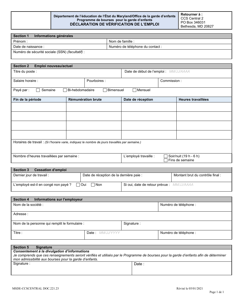 Form DOC.221.23 Employment Verification Statement - Maryland (French), Page 1