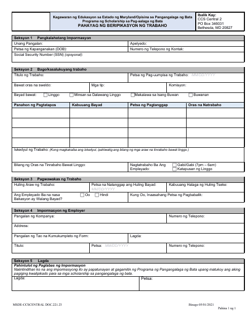 Form DOC.221.23 Employment Verification Statement - Maryland (Tagalog)