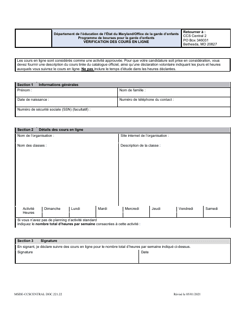Form DOC.221.22 Online Classes Verification - Maryland (French)