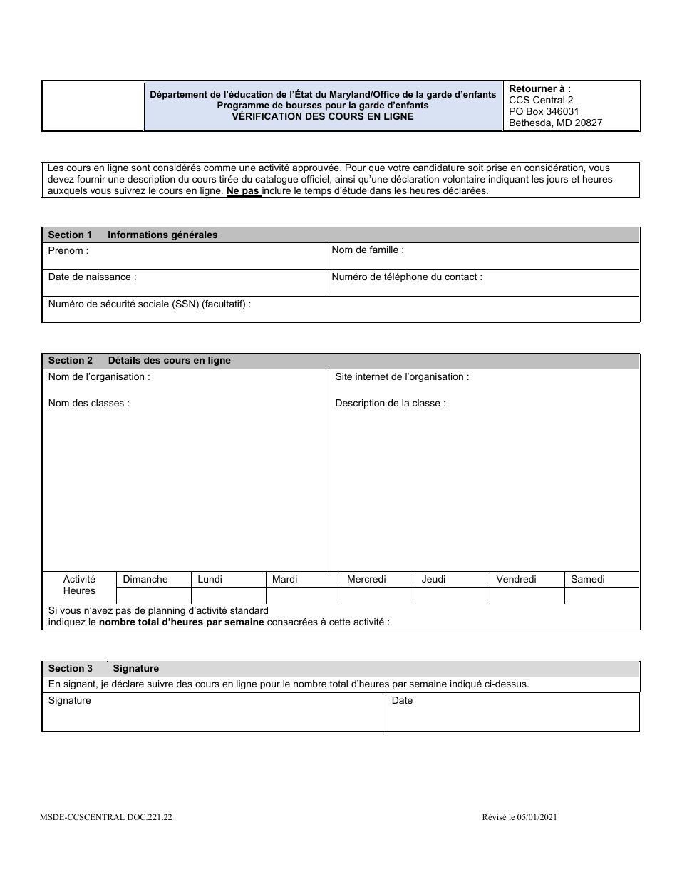 Form DOC.221.22 Online Classes Verification - Maryland (French), Page 1