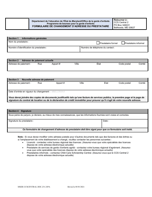 Form DOC.231.21PA Provider Change of Address Form - Maryland (French)