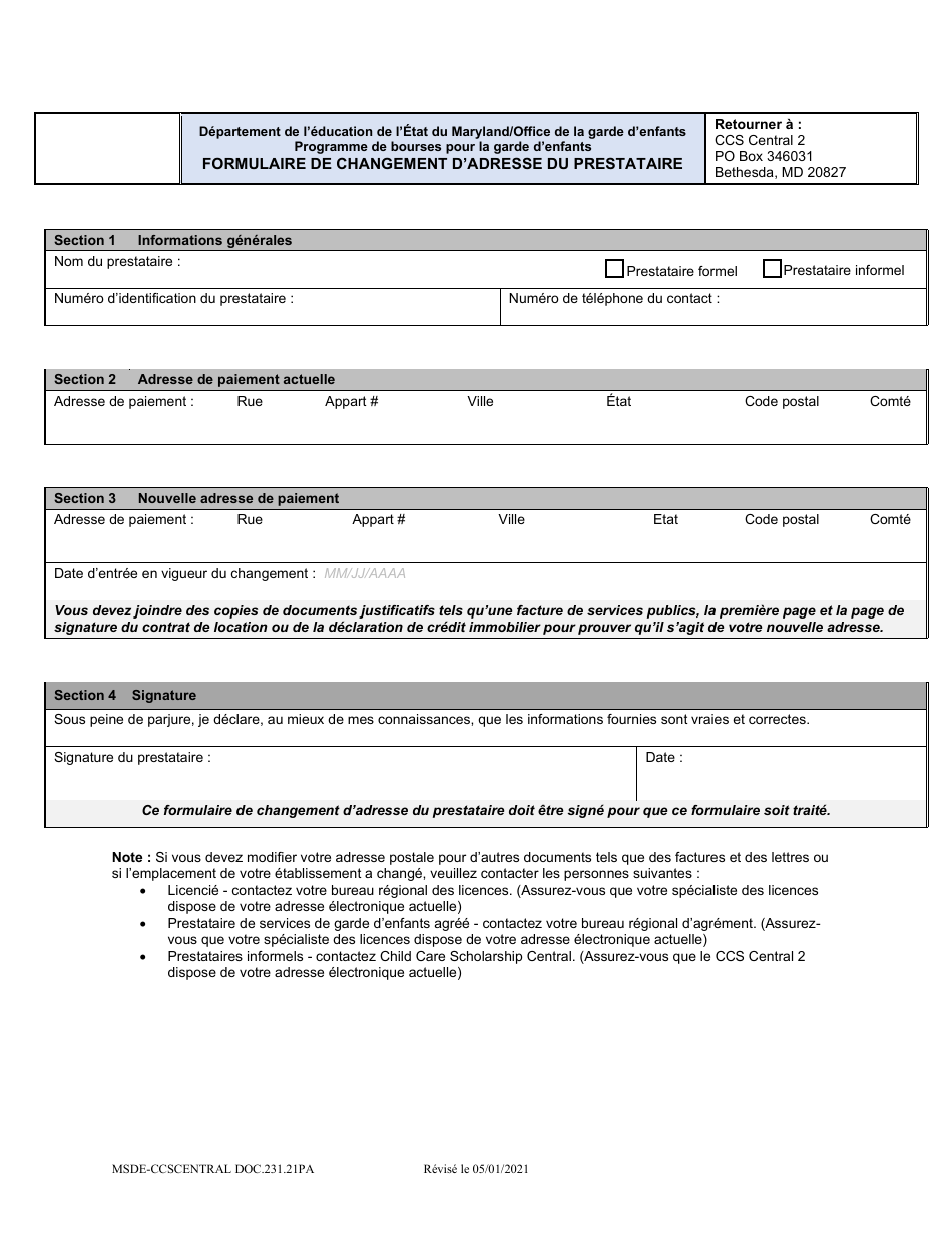 Form DOC.231.21PA Provider Change of Address Form - Maryland (French), Page 1
