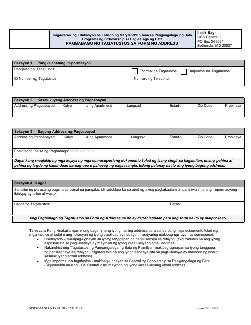 Form DOC.231.21PA Provider Change of Address Form - Maryland (Tagalog)