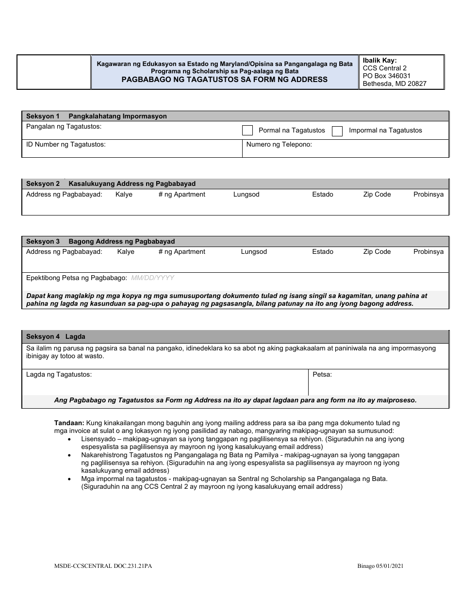 Form DOC.231.21PA Provider Change of Address Form - Maryland (Tagalog), Page 1