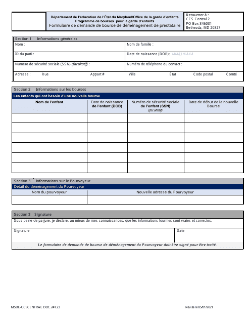 Form DOC.241.23 Provider Move Scholarship Request Form - Maryland (French)