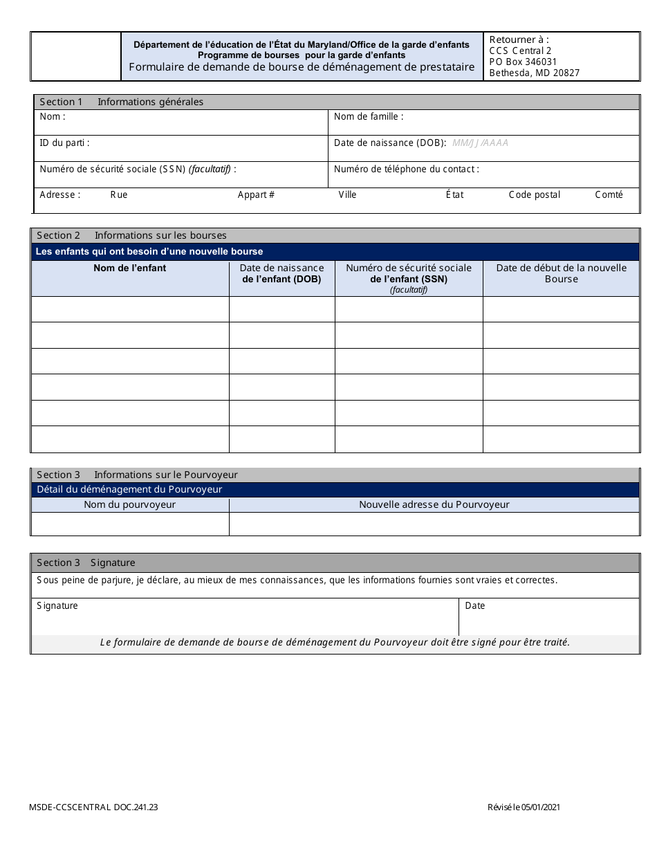 Form DOC.241.23 Provider Move Scholarship Request Form - Maryland (French), Page 1